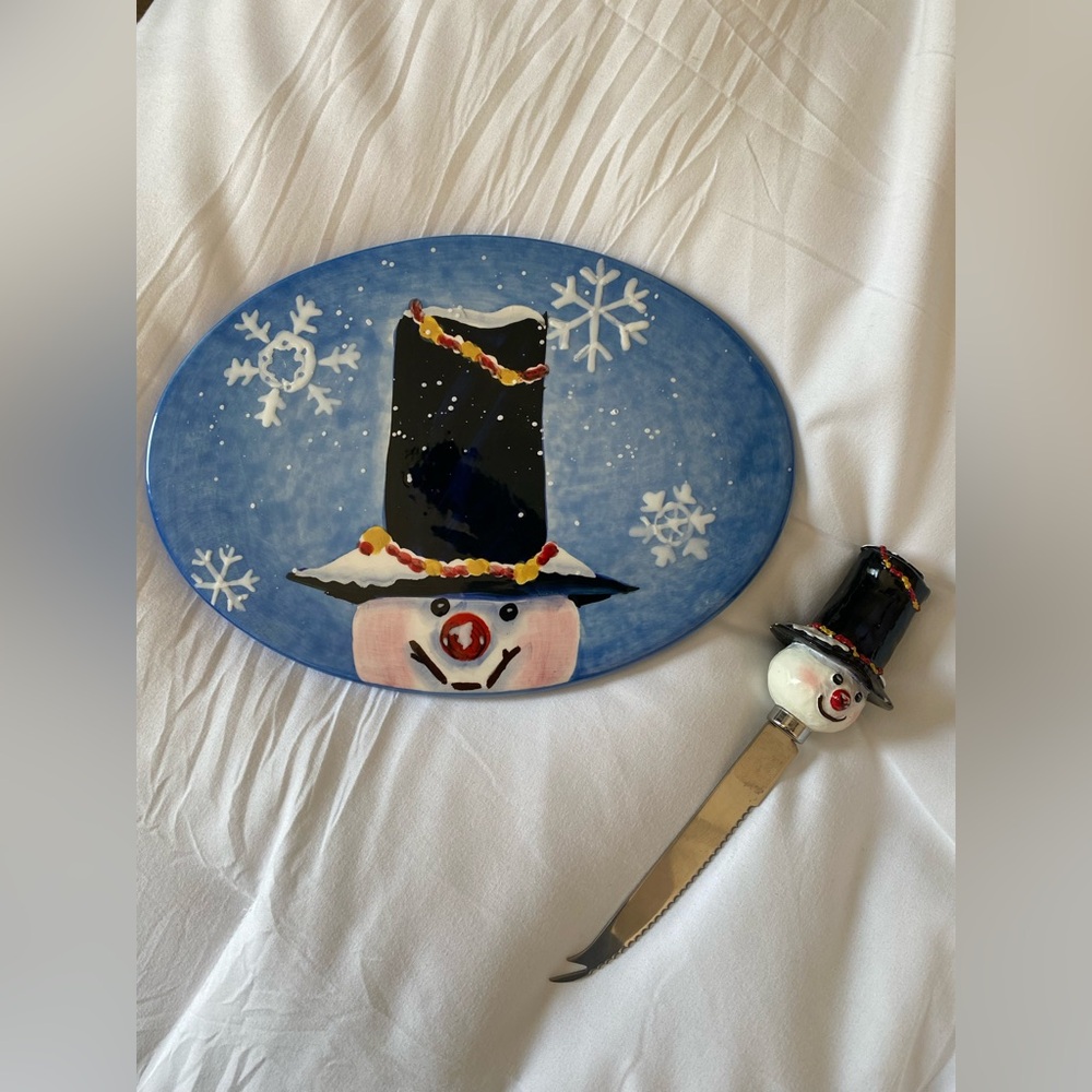 Festive Snowman Cheese Plate and Spreader Set